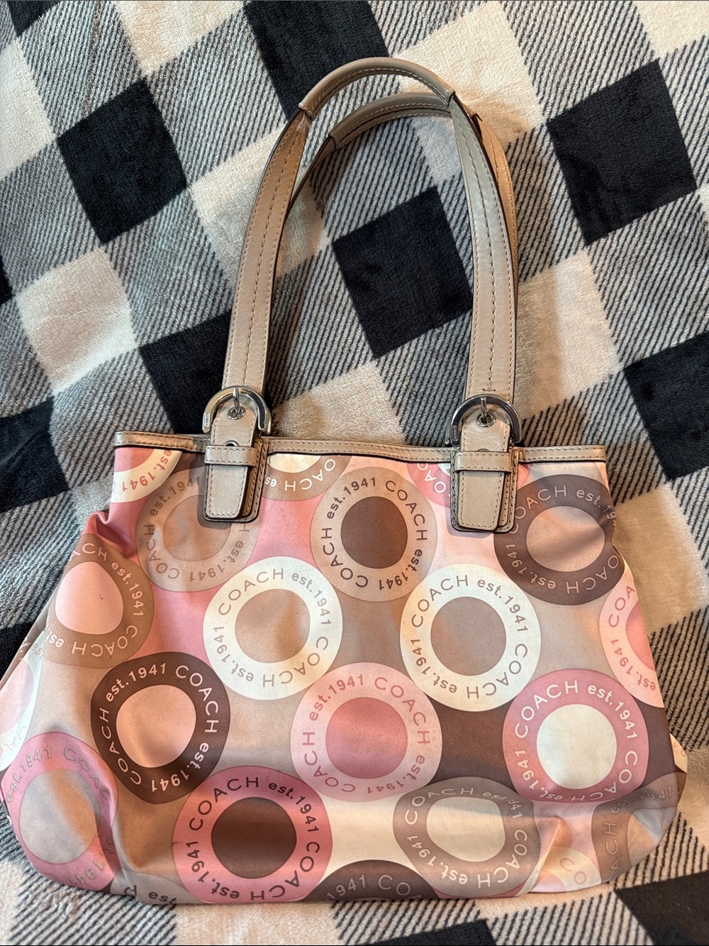 COACH Pink, Tan & Brown Circle Print Shoulder Bag